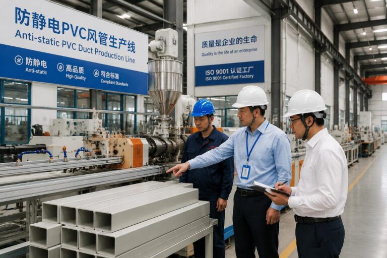 On-site inspection of anti-static PVC duct production lines at a certified Chinese factory