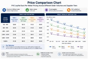 Price comparison chart showing PVC layflat duct per-meter pricing across different order volumes and supplier tiers