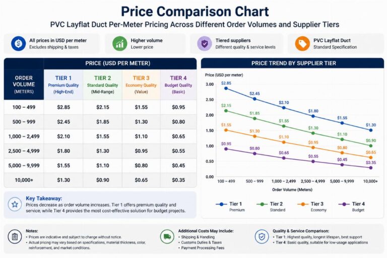 Price comparison chart showing PVC layflat duct per-meter pricing across different order volumes and supplier tiers