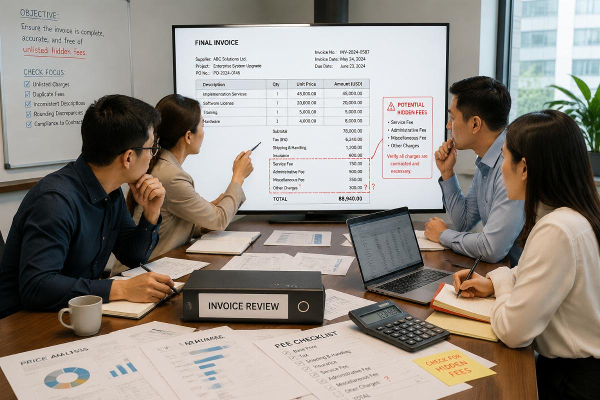 Procurement team reviewing a full final invoice to cross-check for unlisted hidden fees