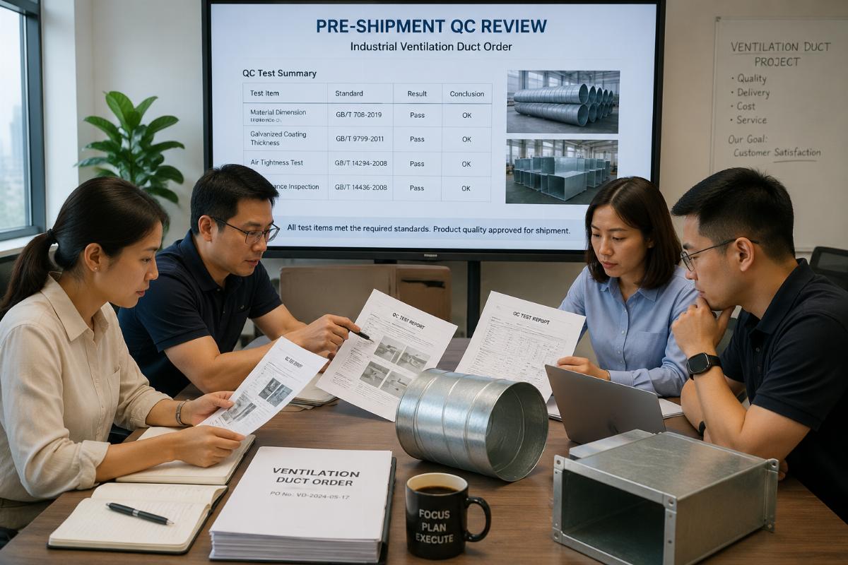 Procurement team reviewing pre-shipment QC test reports for industrial ventilation duct order