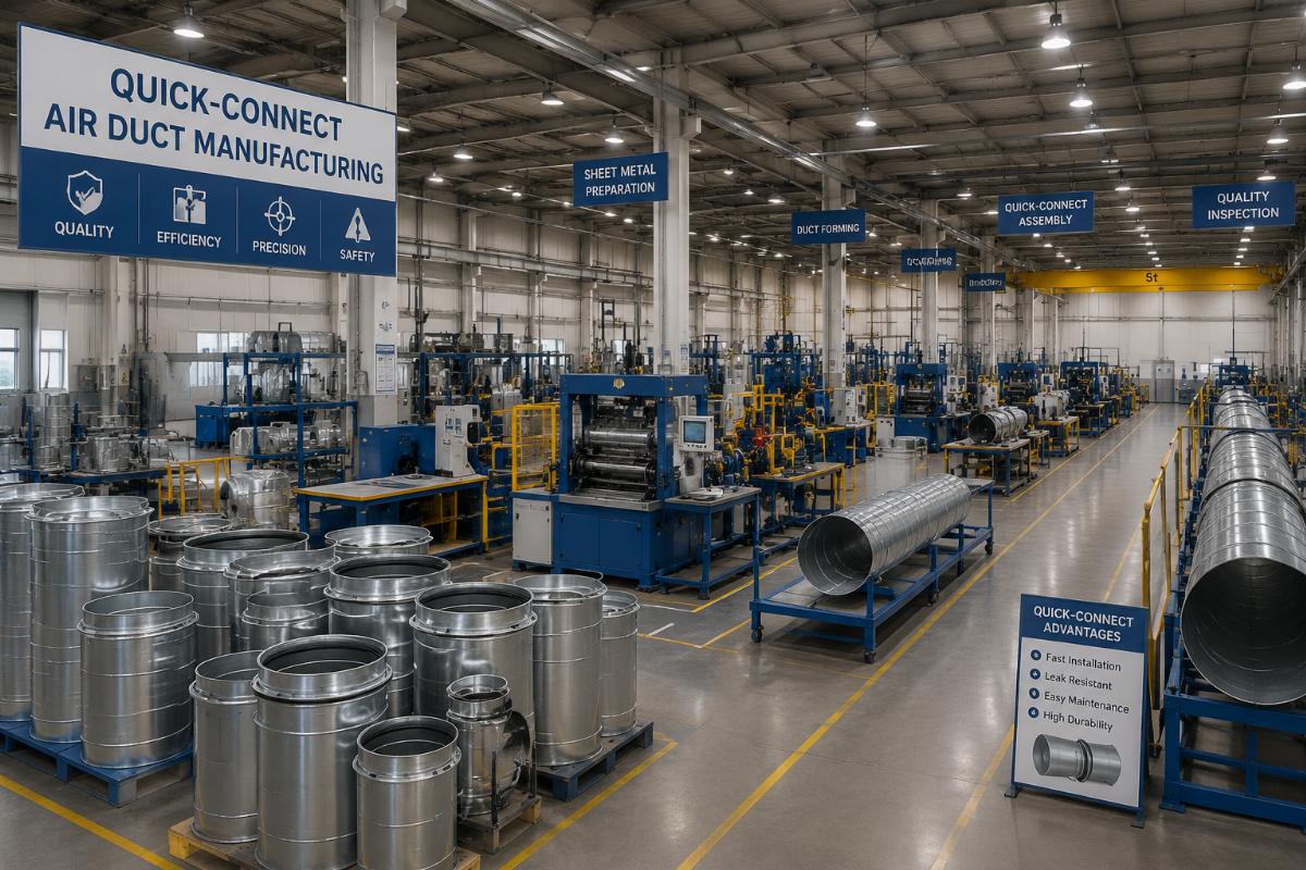 Production facility floor for industrial quick-connect air duct manufacturing