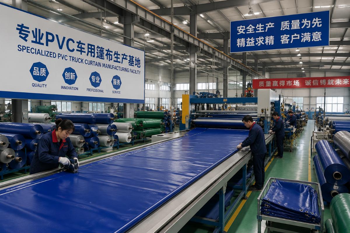 Production line at a specialized Chinese PVC truck curtain manufacturing facility