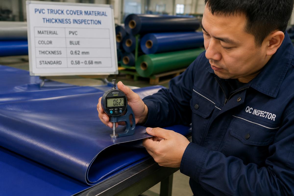 QC inspector measuring PVC truck cover material thickness