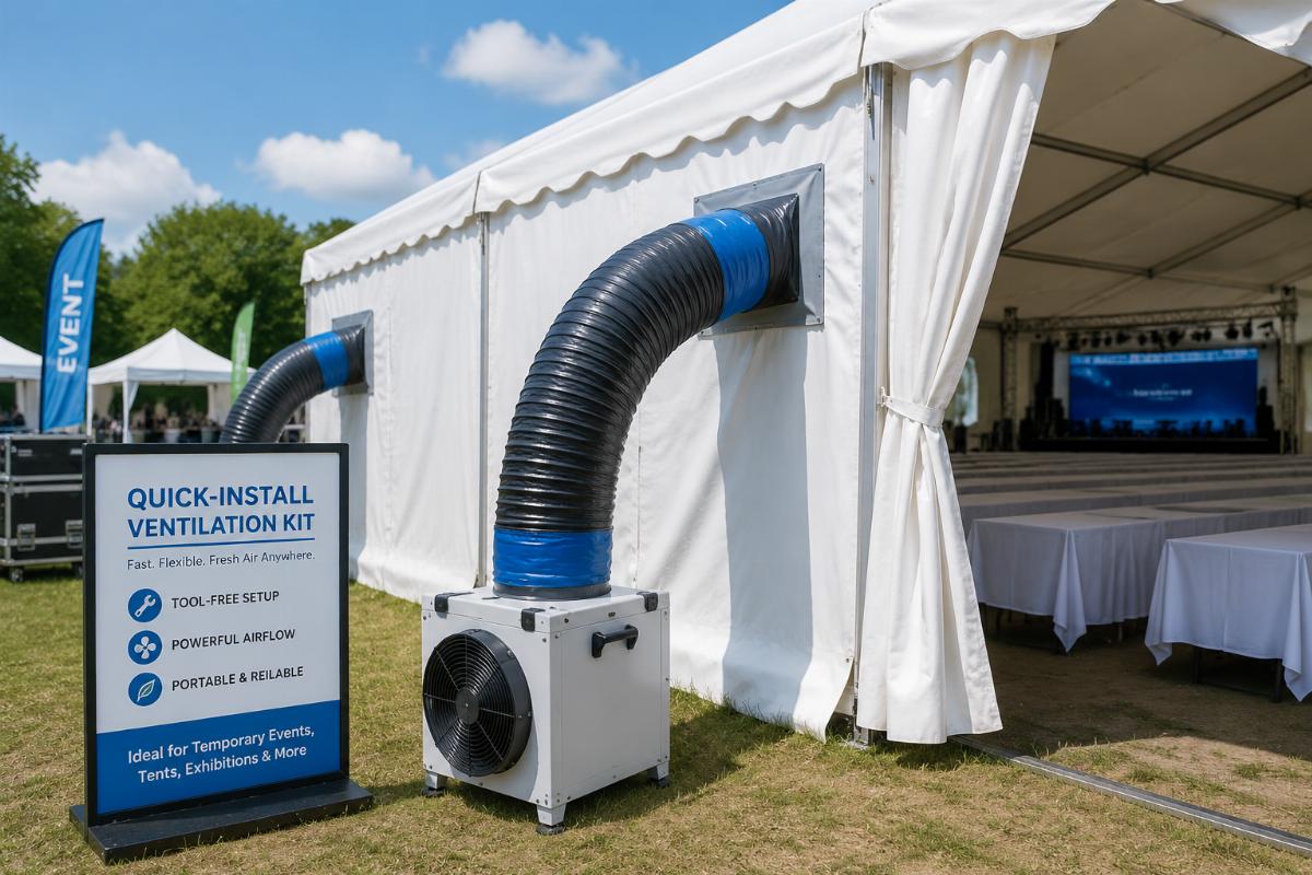 Quick-install ventilation kit set up at a temporary outdoor event venue