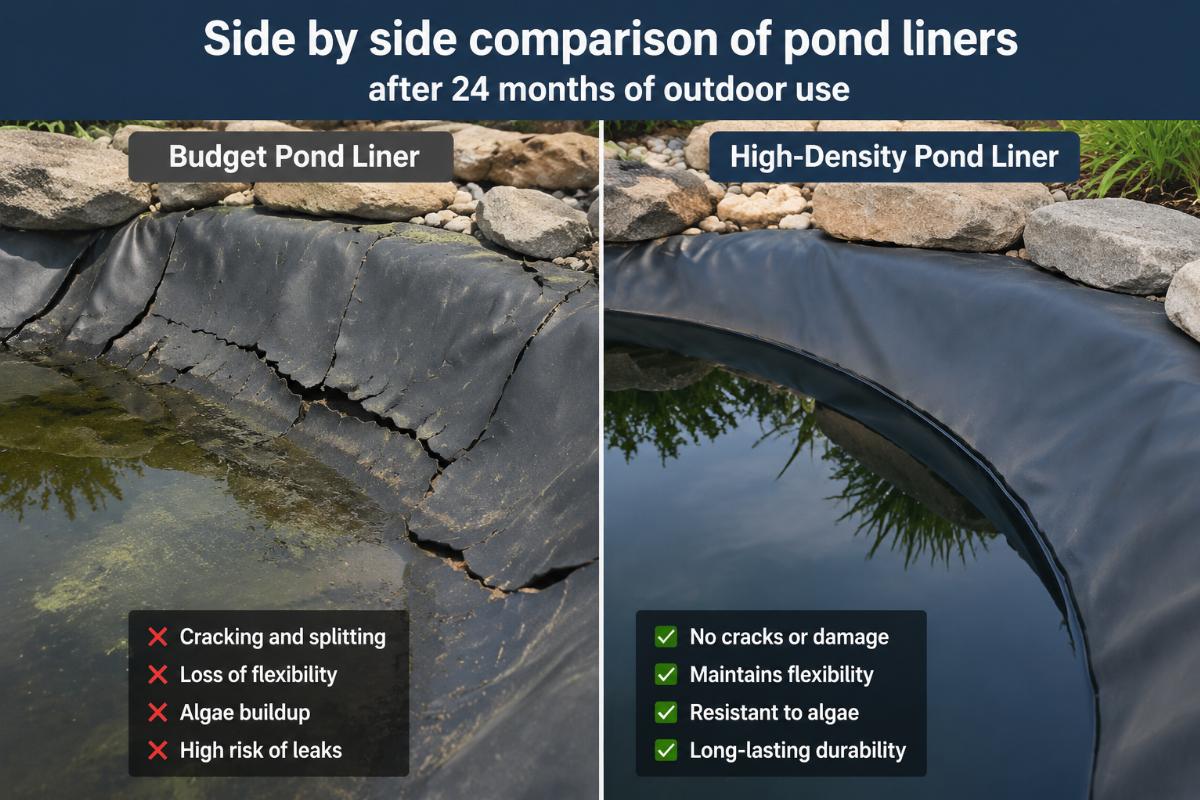 Side by side comparison of a cracked budget pond liner and intact high-density liner after 24 months of outdoor use