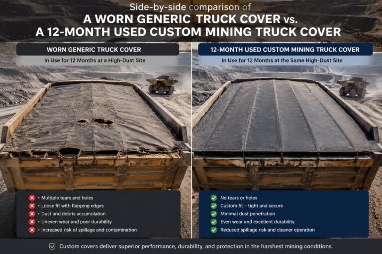 Side-by-side comparison of a worn generic truck cover and a 12-month used custom mining truck cover at a high-dust open pit site