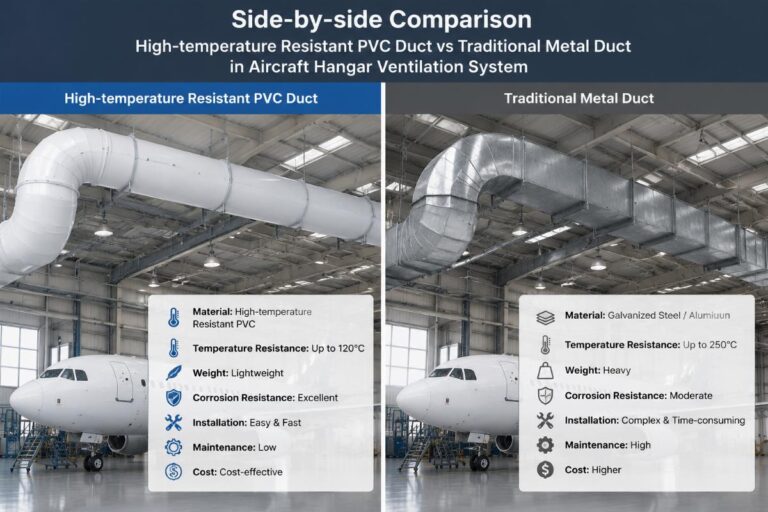 Side-by-side comparison of high-temperature resistant PVC duct and traditional metal duct installed in an aircraft hangar ventilation system