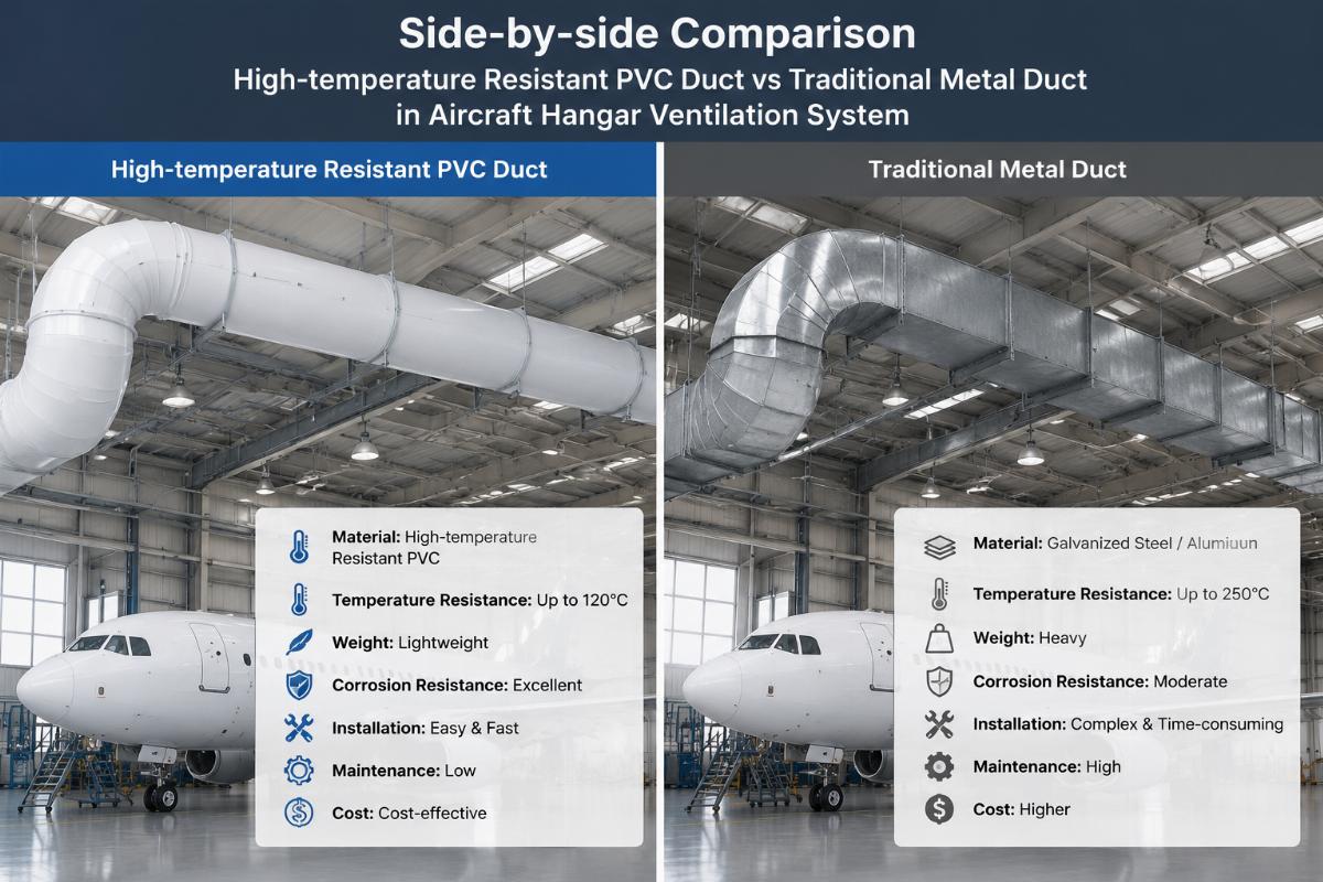 Side-by-side comparison of high-temperature resistant PVC duct and traditional metal duct installed in an aircraft hangar ventilation system