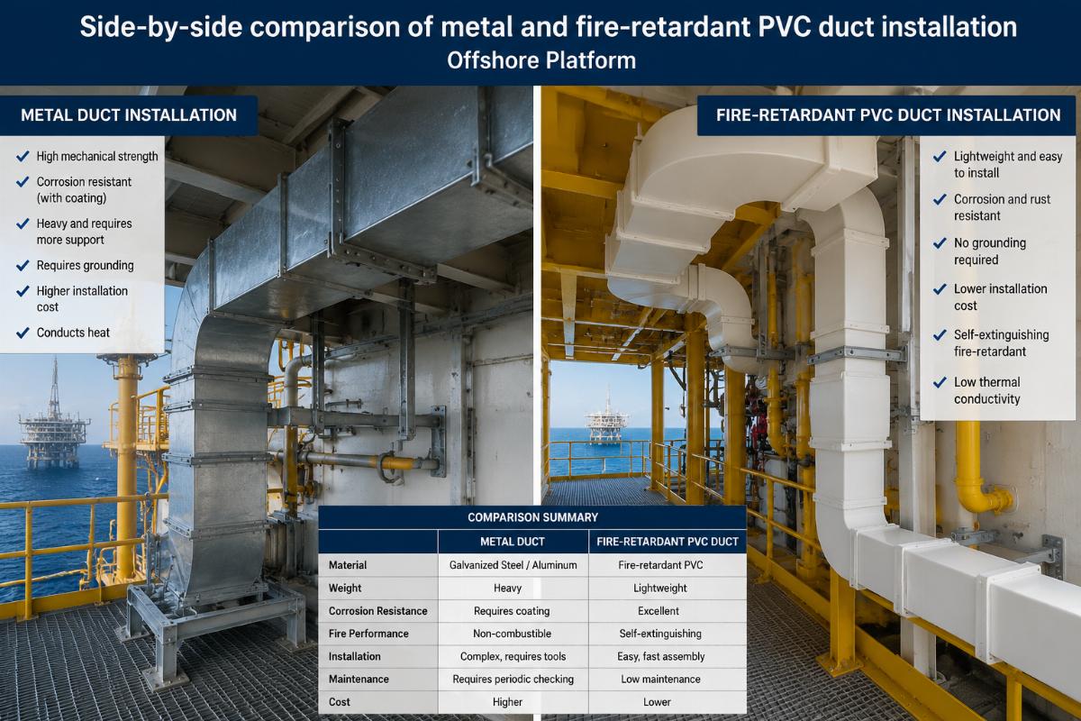 Side-by-side comparison of metal and fire-retardant PVC duct installation on an offshore platform