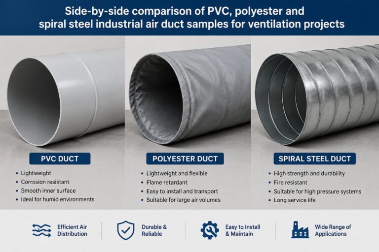 Side-by-side comparison of PVC, polyester and spiral steel industrial air duct samples for ventilation projects
