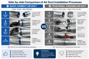 Side-by-side comparison of quick-connect and traditional threaded air duct installation processes
