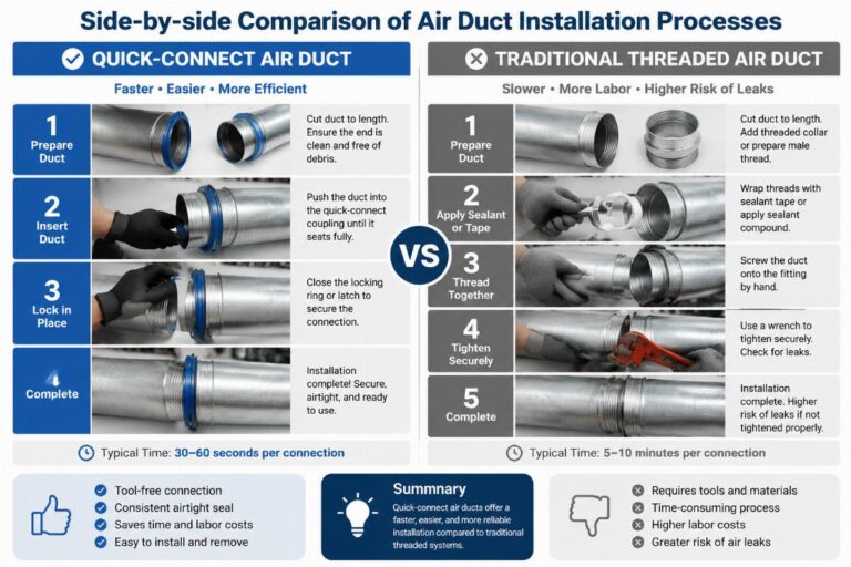Side-by-side comparison of quick-connect and traditional threaded air duct installation processes