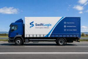 Side view of a branded logistics truck driving on a highway with a clearly printed company logo on its custom PVC cover