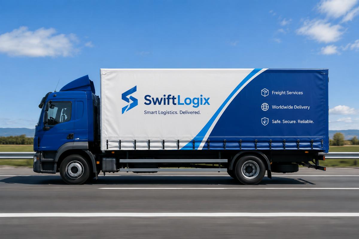 Side view of a branded logistics truck driving on a highway with a clearly printed company logo on its custom PVC cover