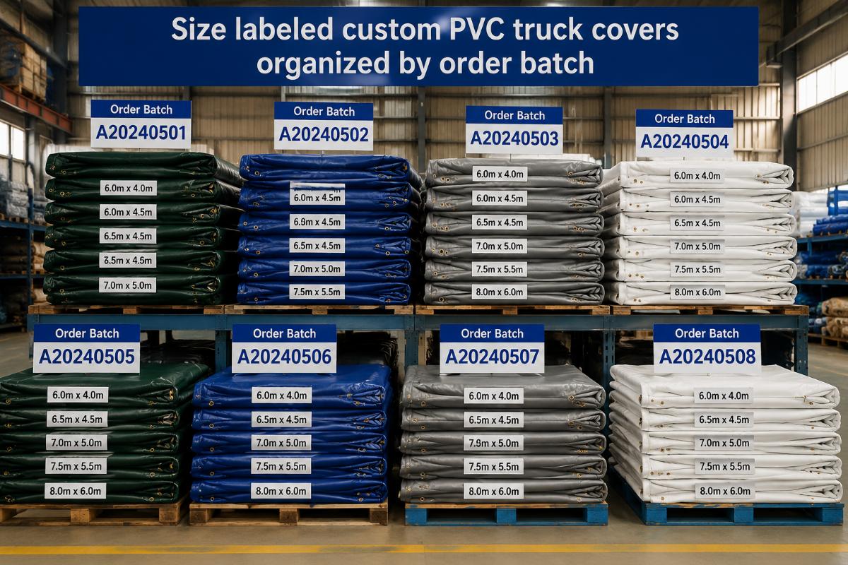 Size labeled custom PVC truck covers organized by order batch