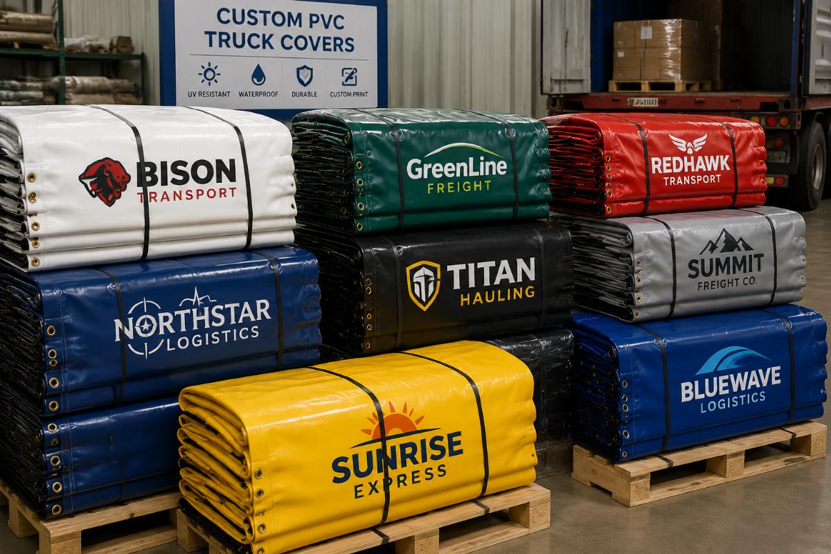 Stack of custom printed PVC truck covers with distinct company logos ready for shipping