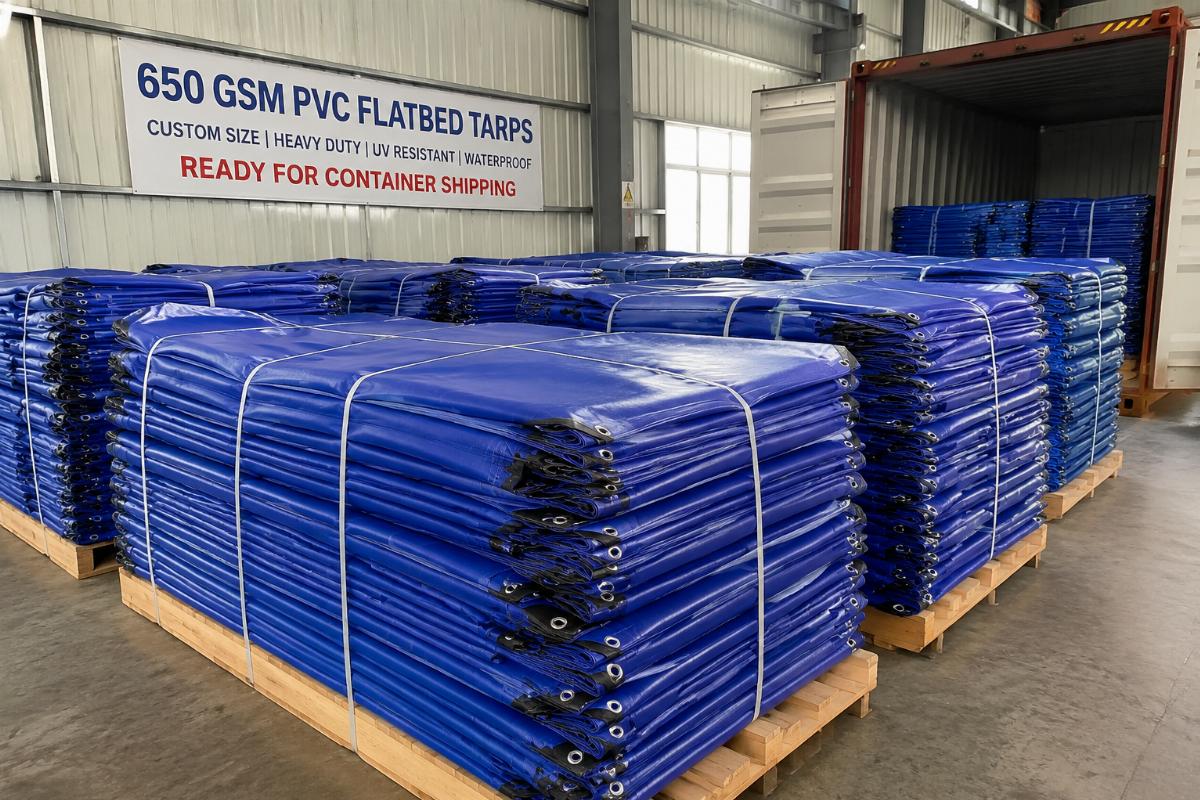 Stacks of custom-sized 650 GSM PVC flatbed tarps ready for container shipping