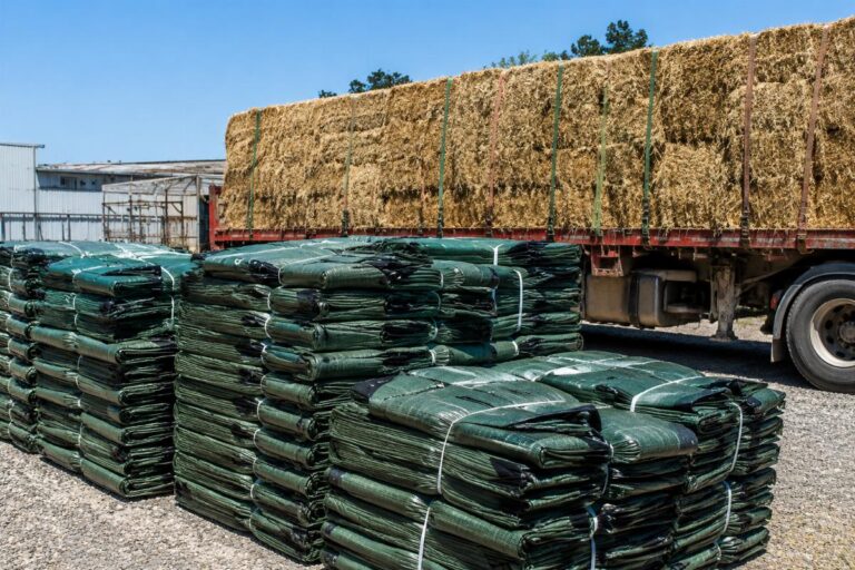 Stacks of folded woven PE hay and grain transport tarps next to a flatbed truck loaded with bales