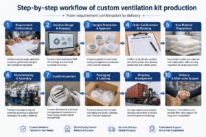Step-by-step workflow of custom ventilation kit production from requirement confirmation to delivery