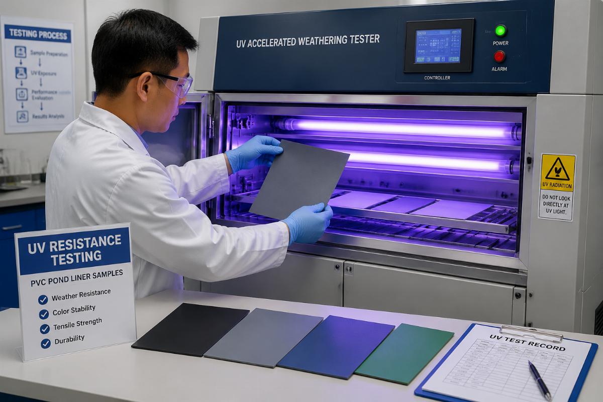 Technician conducting UV resistance testing on PVC pond liner samples