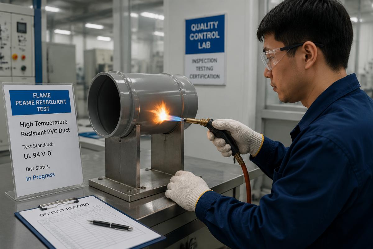 Technician performing flame retardant test on high temperature resistant PVC duct sample in factory QC lab