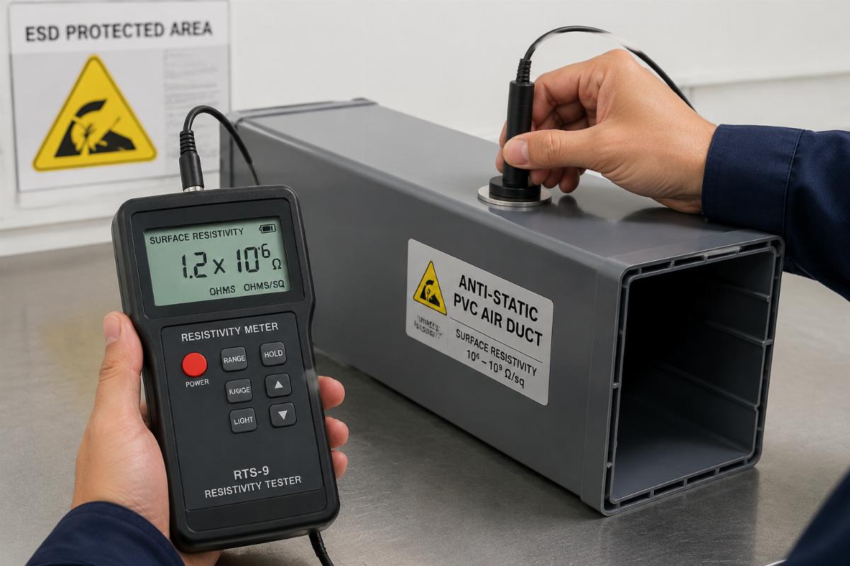 Technician using a resistivity meter to test the surface of an anti-static PVC air duct segment