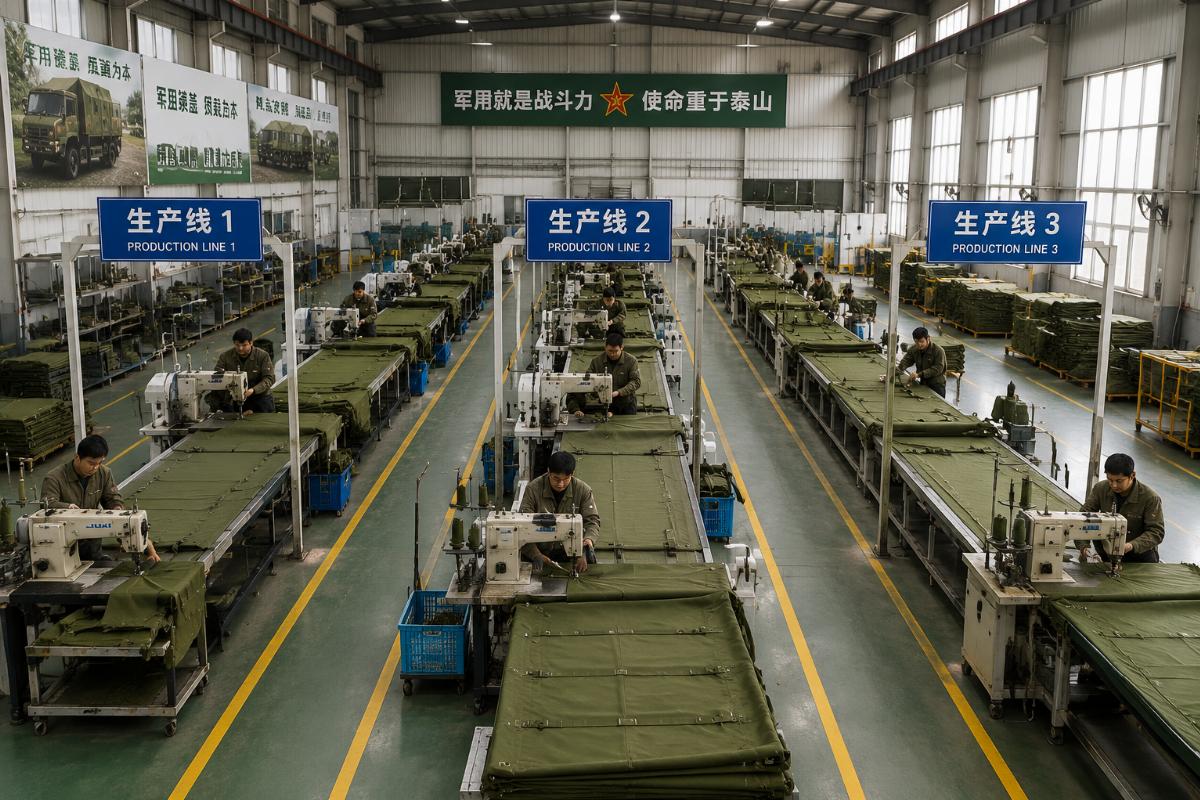 Three production lines running in parallel in a military canvas cover manufacturing facility