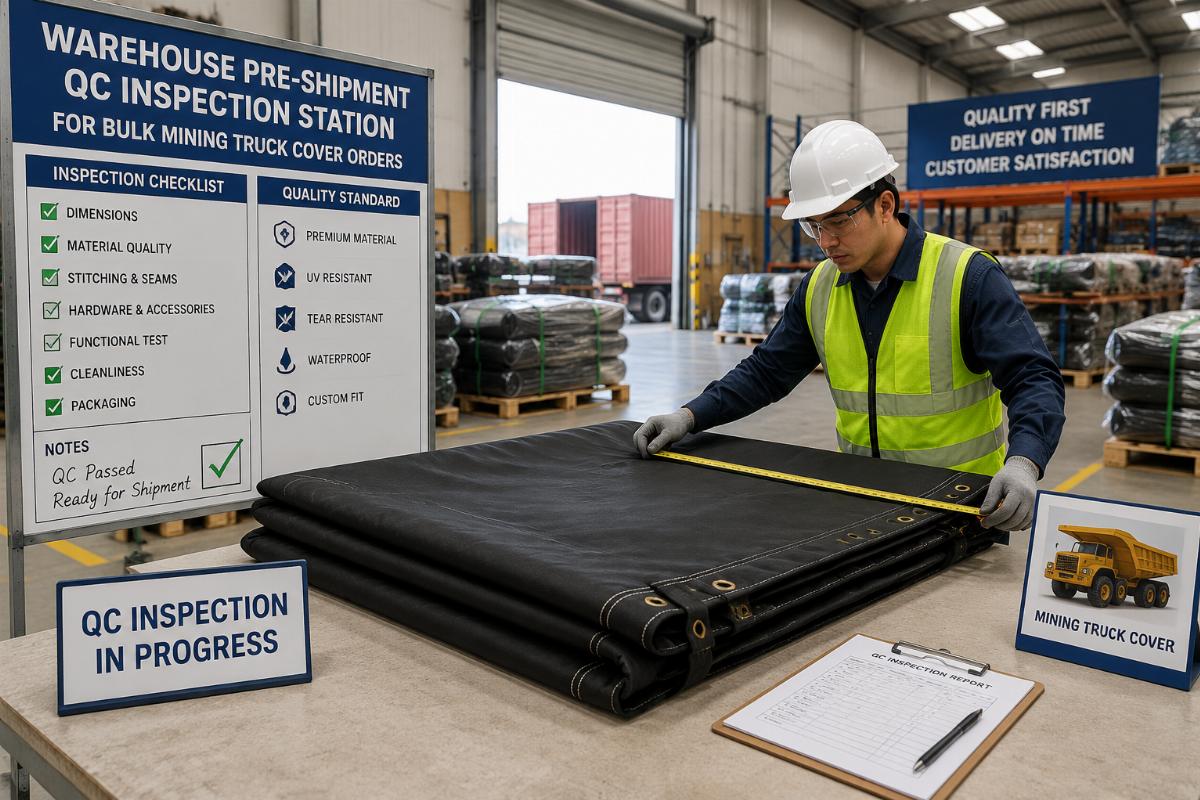 Warehouse pre-shipment QC inspection station for bulk mining truck cover orders