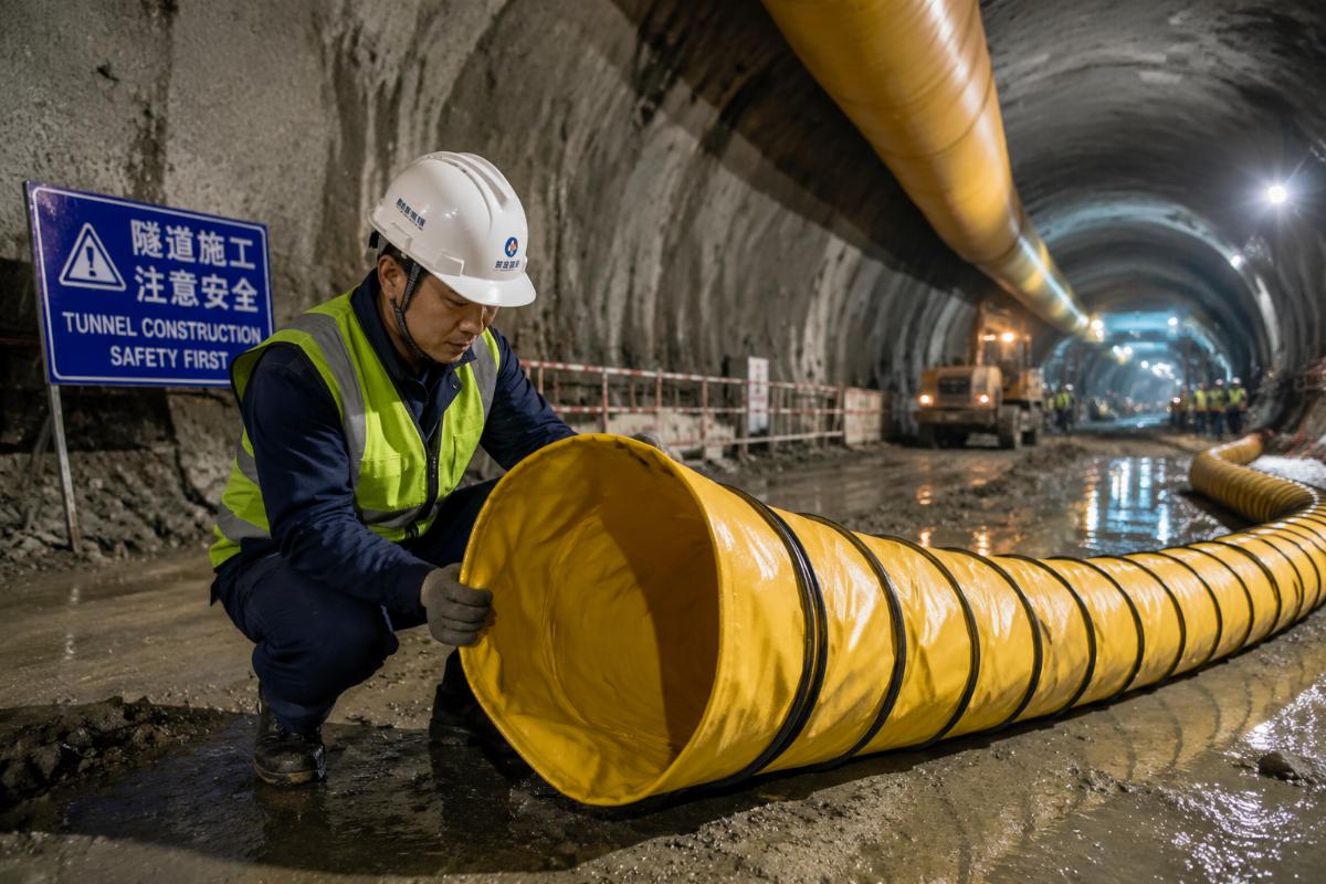 Worker inspecting custom cut flexible PVC duct on tunnel construction site