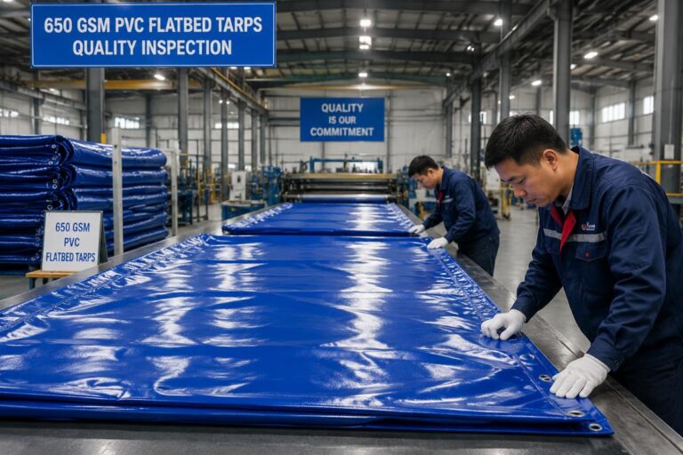 Workers inspecting finished 650 GSM PVC flatbed tarps on a factory production line