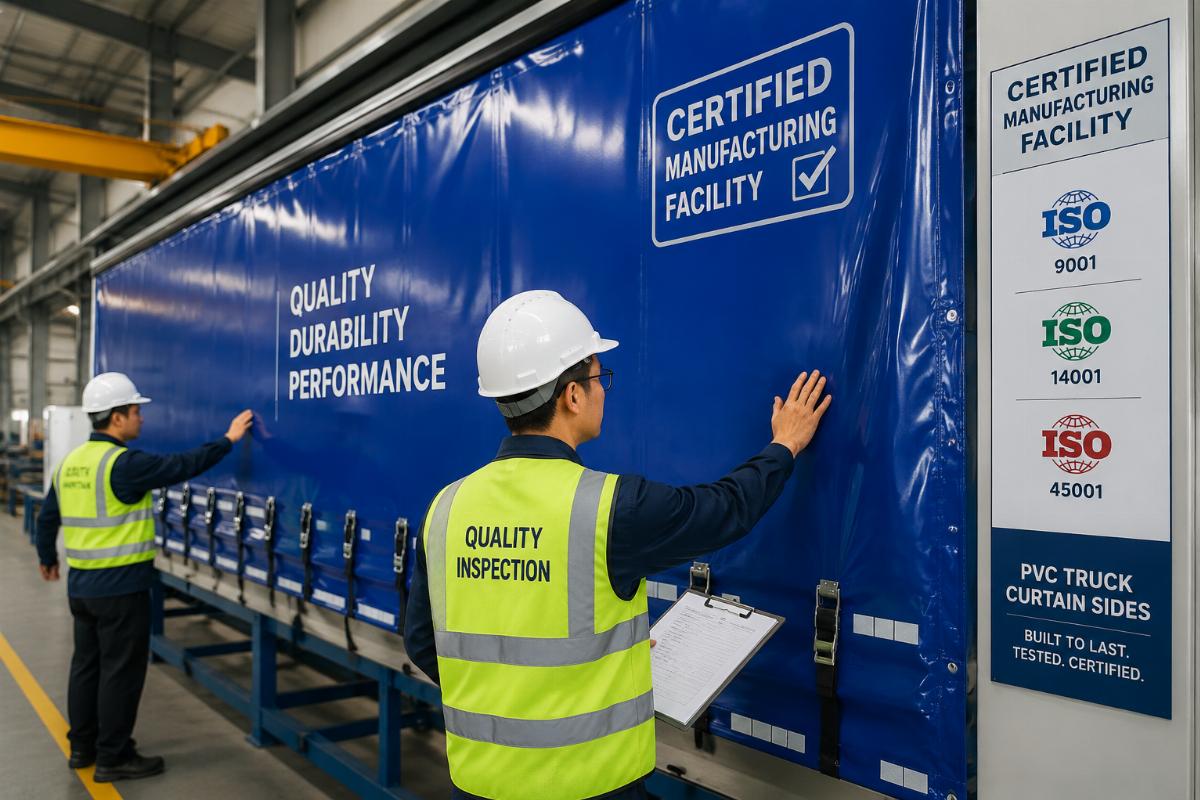 Workers inspecting finished PVC truck curtain sides at a certified manufacturing facility