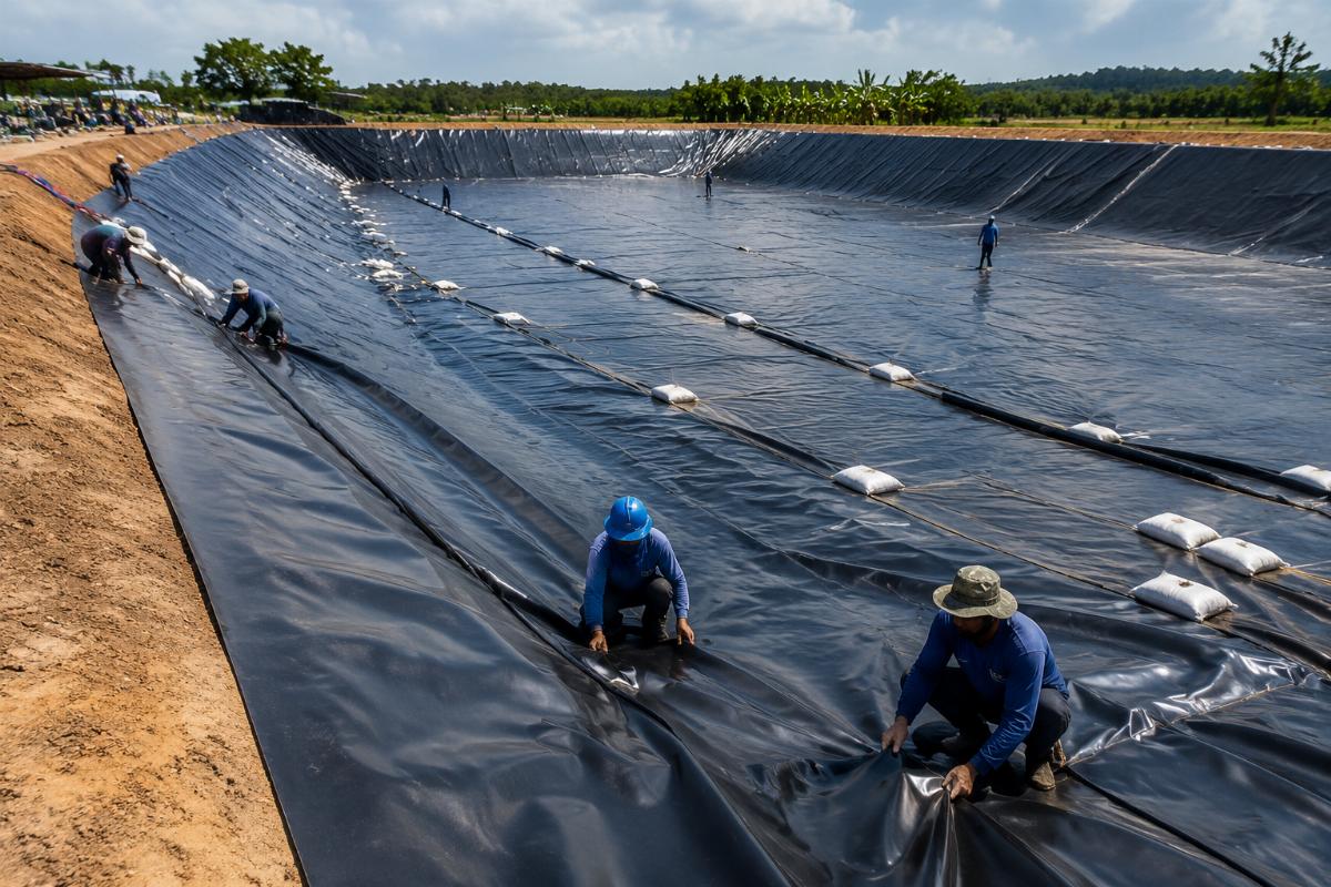 Workers installing custom cut pond liner for a large fish farm