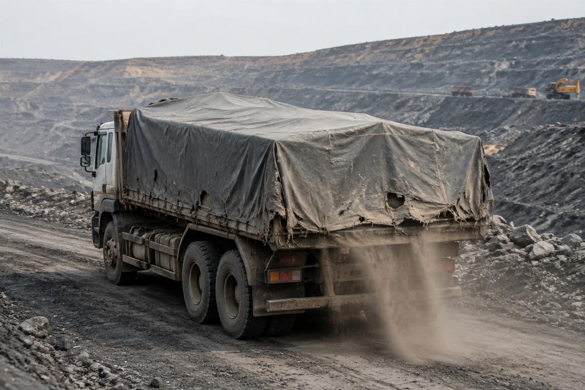 Worn generic truck cover with frayed edges and dust seepage at an open pit mining site